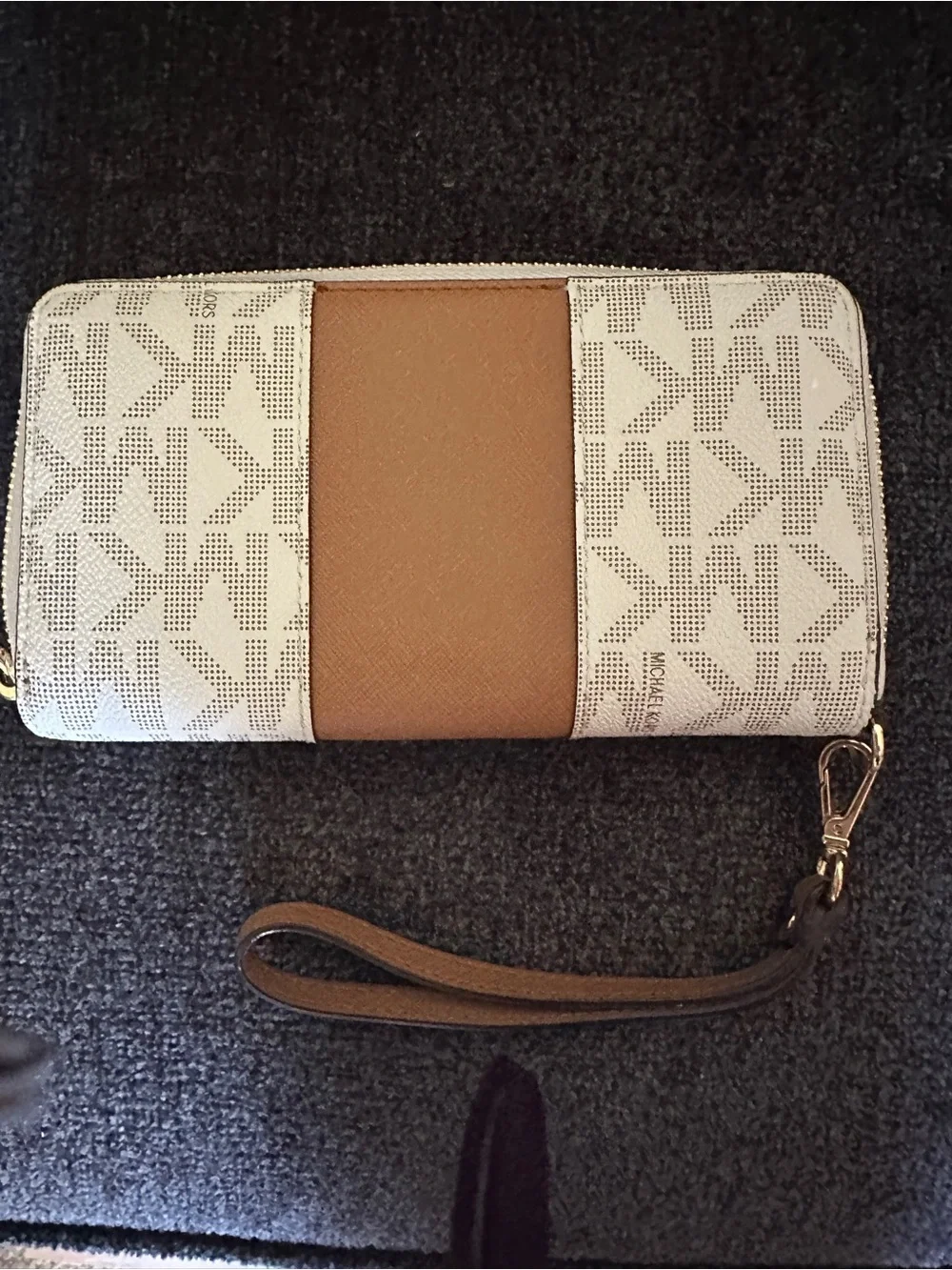 Michael Kors Beige Logo Canvas Wristlet with Brown Center Panel